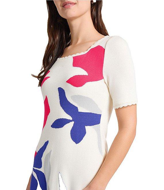 Ming Wang Soft Knit Floral Pattern Square Neck Short Sleeve Scallop Trim Dress Product Image