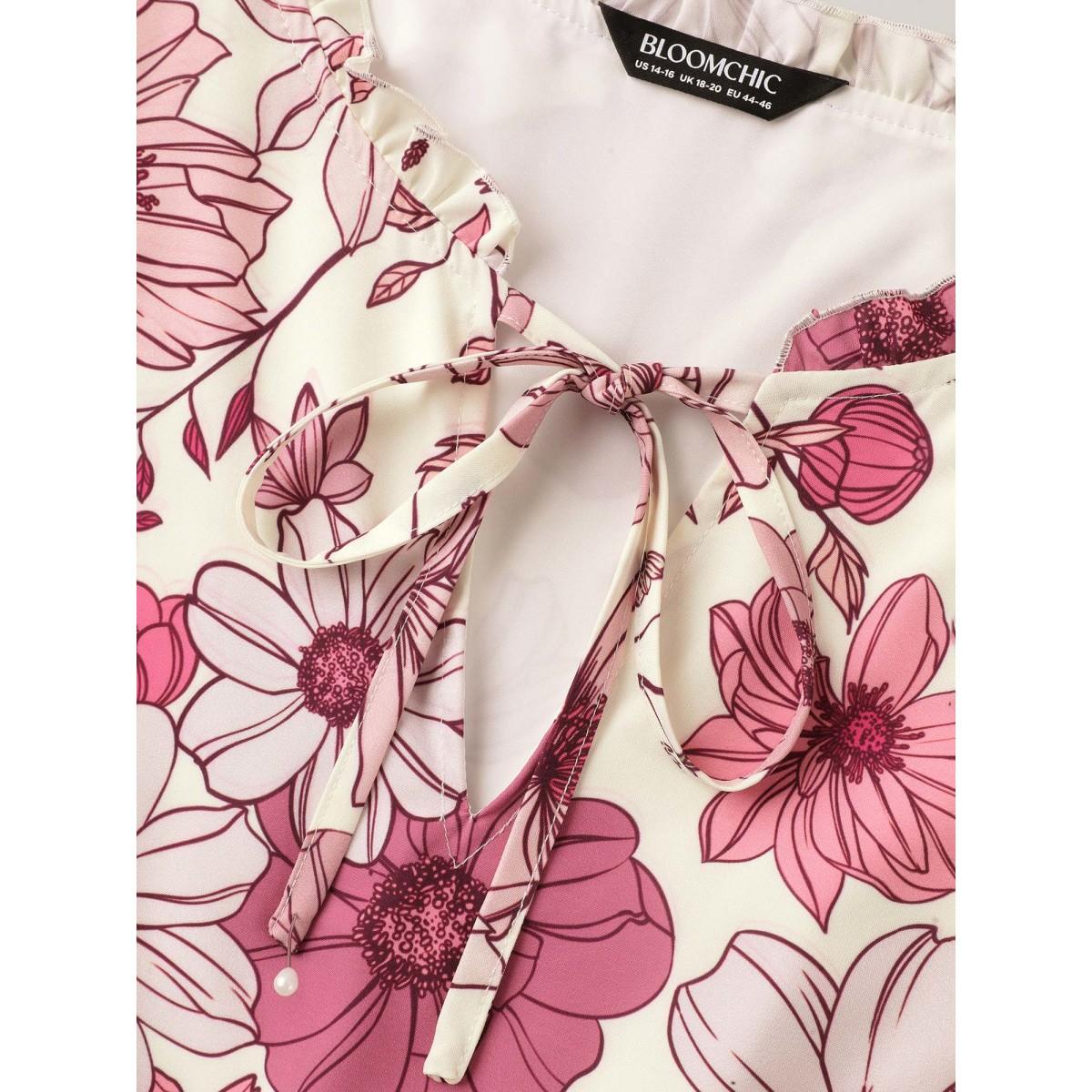 Plus Size Floral Print Neck Tie Tiered Maxi Dress Blush Women Timeless Flat collar with V-notch Short sleeve Curvy BloomChic 14-16/1X Product Image
