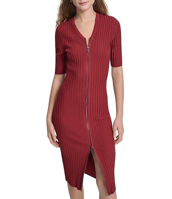 DKNY by Donna Karan Ribbed Knit V-Neck Short Sleeve Zip Front Midi Sheath Dress Product Image