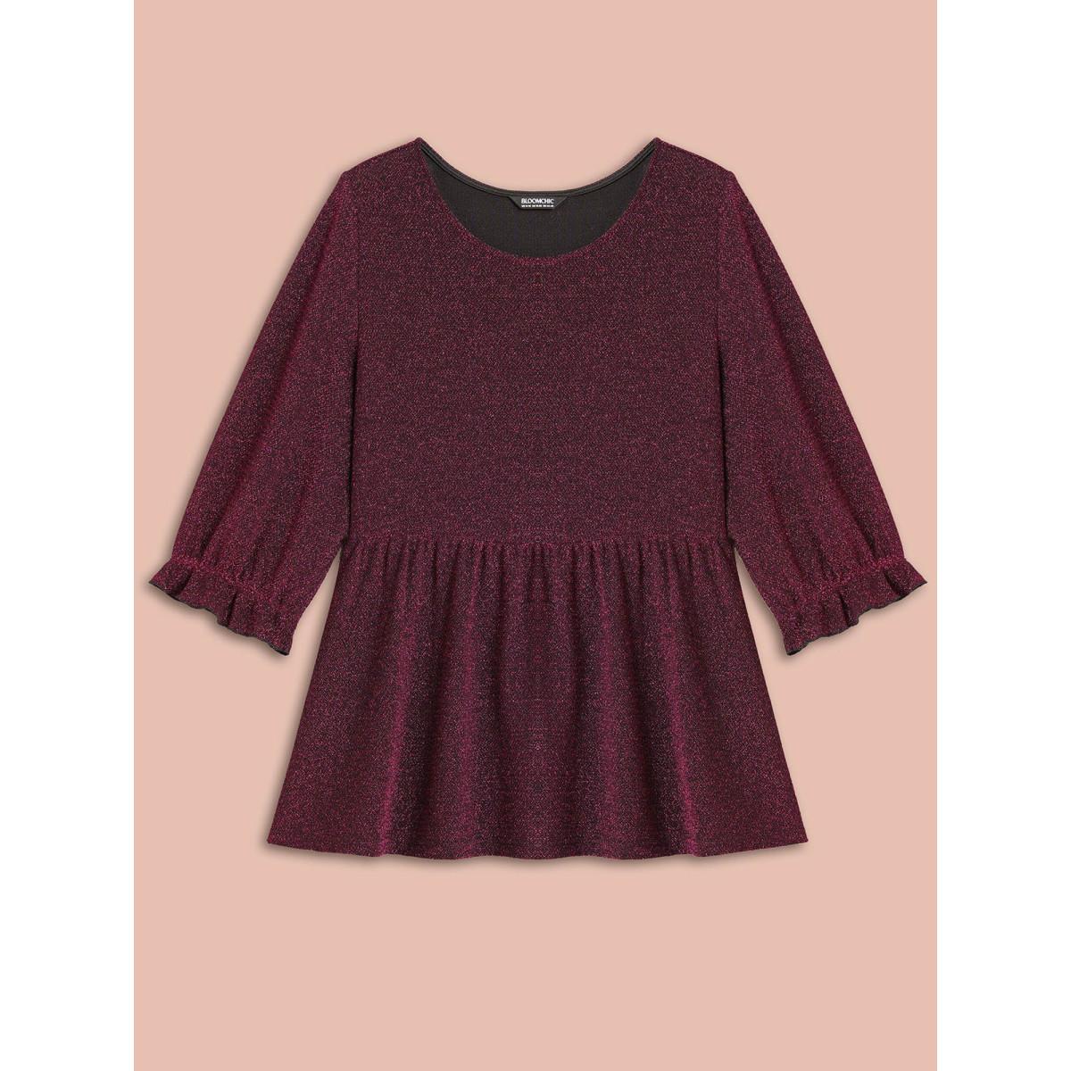 Plus Size Eggplant Crew Neck Luxe Ruffle Gathered Blouse Women Elegant Elbow-length sleeve Round Neck Everyday Blouses BloomChic 12/L Product Image