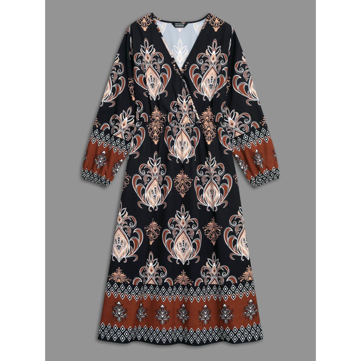 Plus Size Bandana Overlap Collar Elastic Waist Dress Black Women Resort Non Overlap Collar Long Sleeve Curvy BloomChic 30/6X Product Image