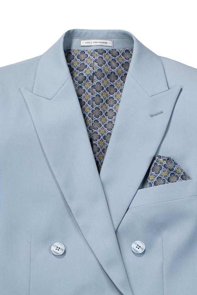 Ice Blue Slim Fit Double Breasted 2 Piece Suit with Flexible Elastic Waistband Product Image