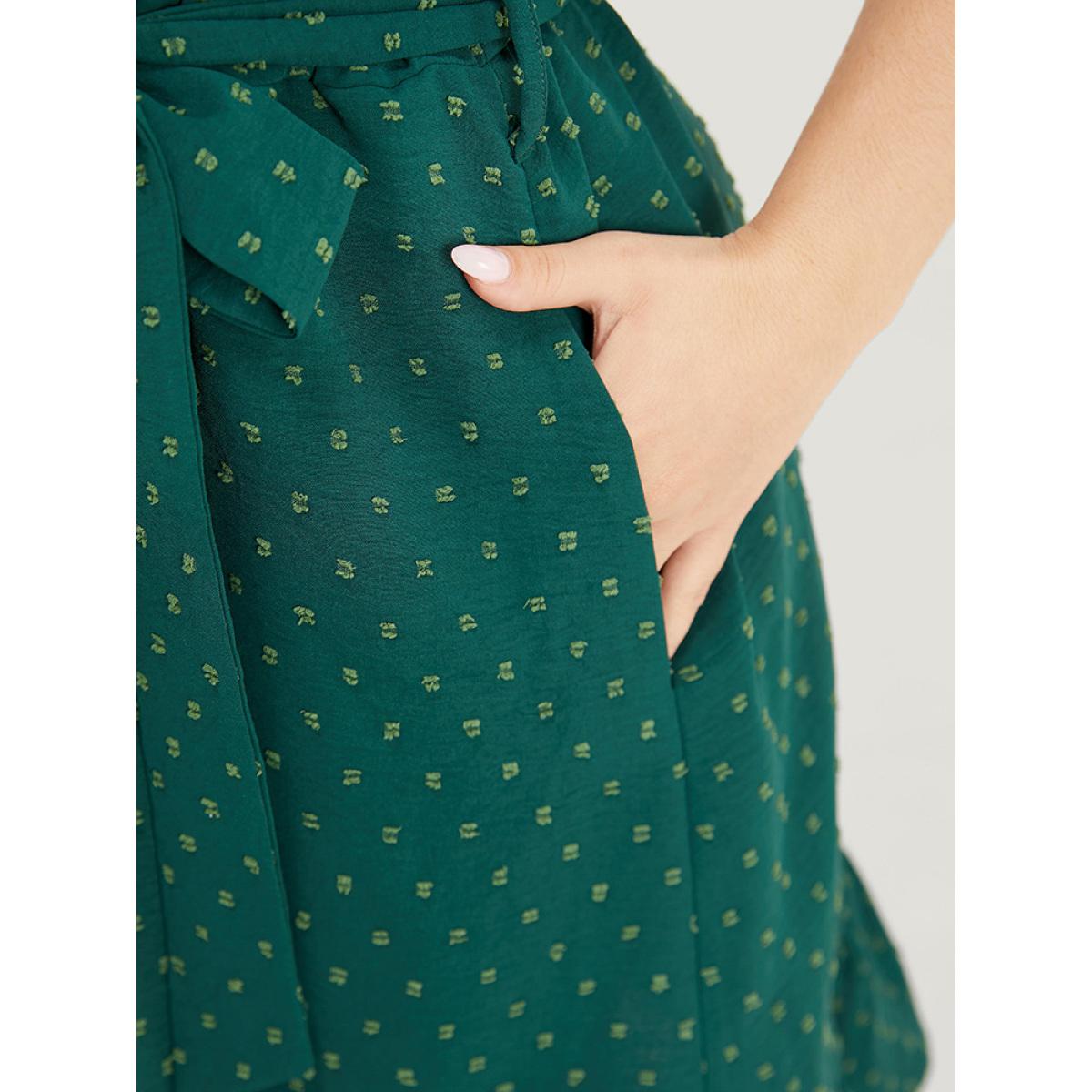 Plus Size Polka Dot Layered Sleeve Pocket Button Up Belted Flutter Dress Green Women Elegant Button V-neck Cap Sleeve Curvy Knee Dress BloomChic 30/6X Product Image