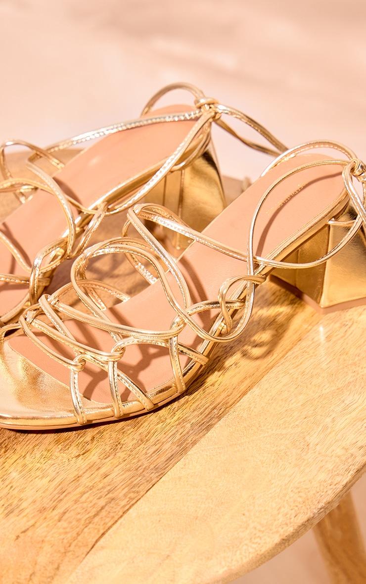 Gold PU Round Toe Lace Up Strappy Block Heeled Sandals Product Image