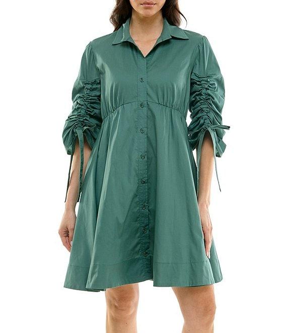 Moda Tara Button Front Collar 3/4 Sleeve Cotton Poplin Shirt Dress Product Image