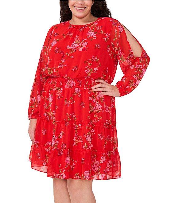 CeCe Plus Size Gauze Chiffon Floral Print Crew Neck Long Sleeve Smocked Tiered A-Line Dress Product Image