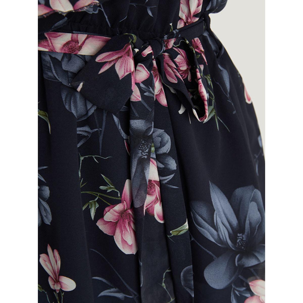 Plus Size Multicolor Floral Split Batwing Sleeve Wrap Mesh Belted Blouse Women Glamour Cap Sleeve Deep V-neck Going out Blouses BloomChic 28/5X Product Image