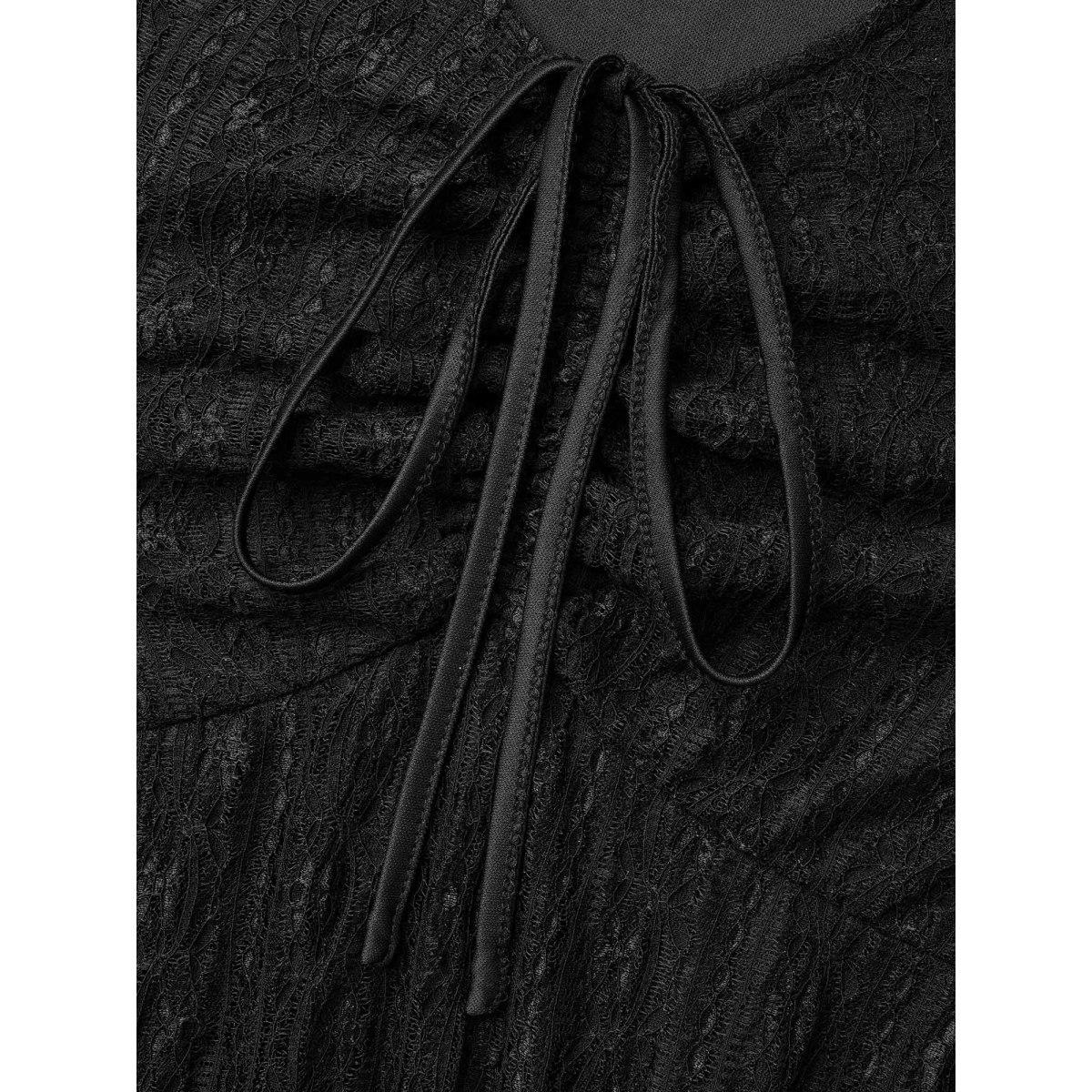 Plus Size Lace V-Neck Bow Drawstring Midi Dress Black Women Casual Tie knot Knit Dresses Bloomchic 12/L Product Image