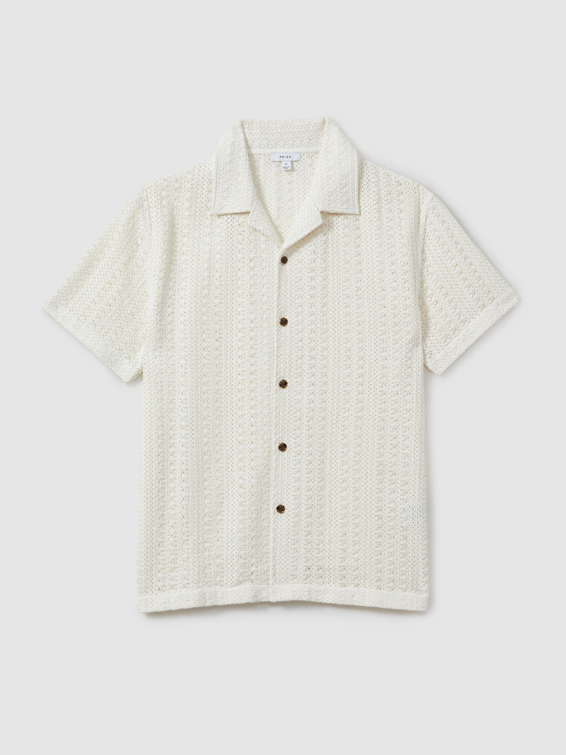 Cotton Crochet Cuban Collar Shirt in Ecru Product Image