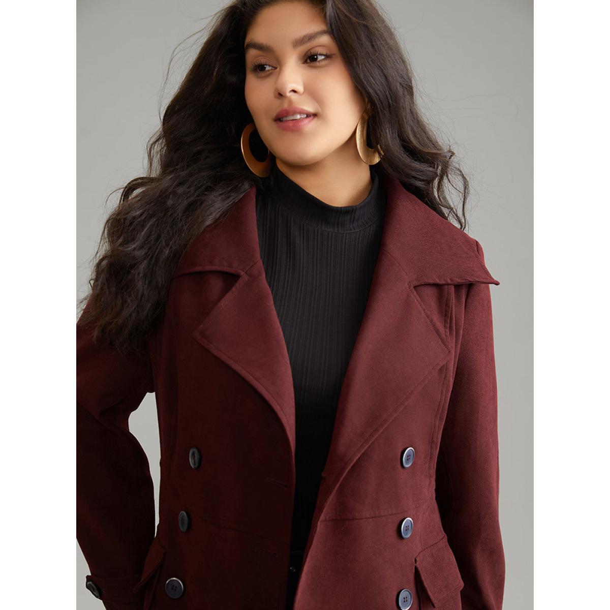 Plus Size Lapel Collar Solid Double Breasted Belted Coat Women Burgundy Work From Home Lined Ladies Work Winter Coats BloomChic 10/M Product Image