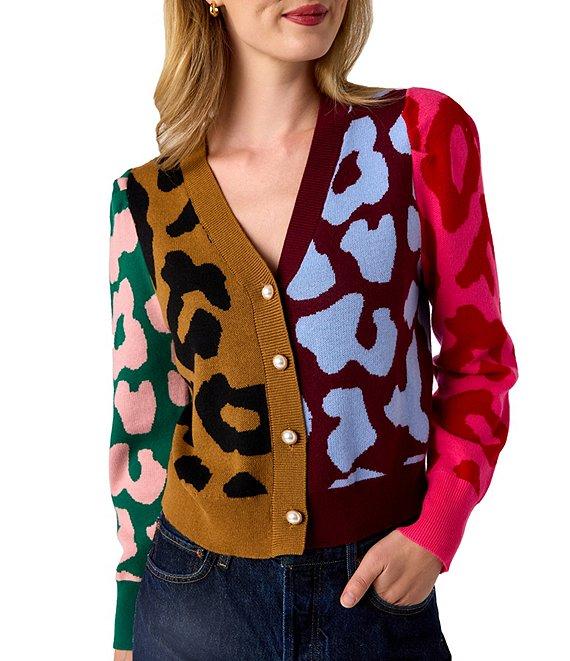 CROSBY by Mollie Burch Jovie Cashmere Blend Intarsia Knit Color Block Leopard V-Neck Long Sleeve Button Front Cardigan Product Image