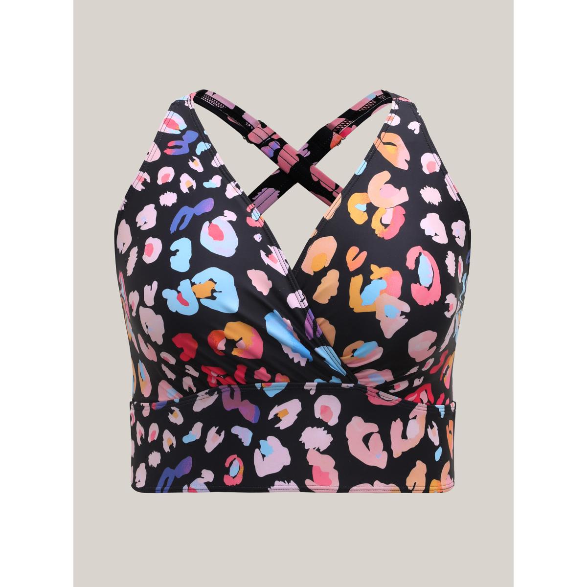 Plus Size Pattern Print Cross-Straps Swim Top Women's Swimwear Black Resort High stretch Skinny Overlap Collar Curve Swim Tops BloomChic 12/L Product Image