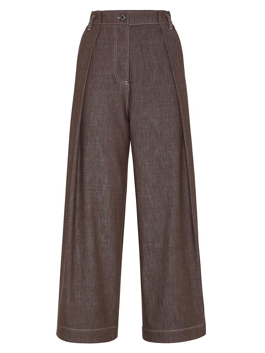 Womens Denim Effect Twill Pleated A Line Trousers with Shiny Loop Product Image
