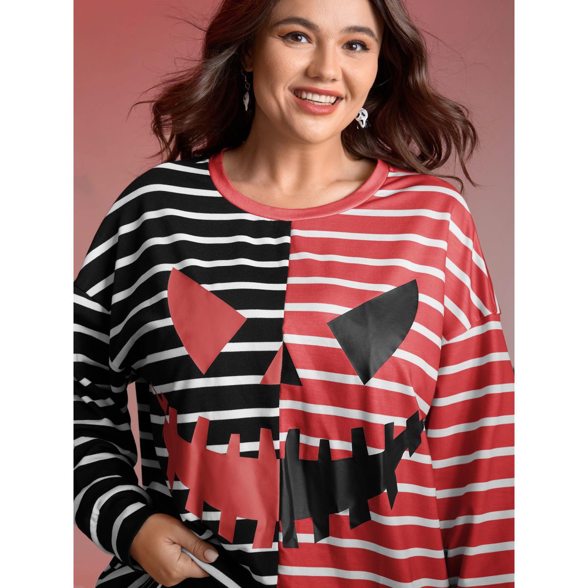 Plus Size Pumpkin Contrast Stripes Full Sleeve Sweatshirt Women Scarlet Playful Contrast Round Neck Casual Sweatshirts BloomChic 26/4X Product Image