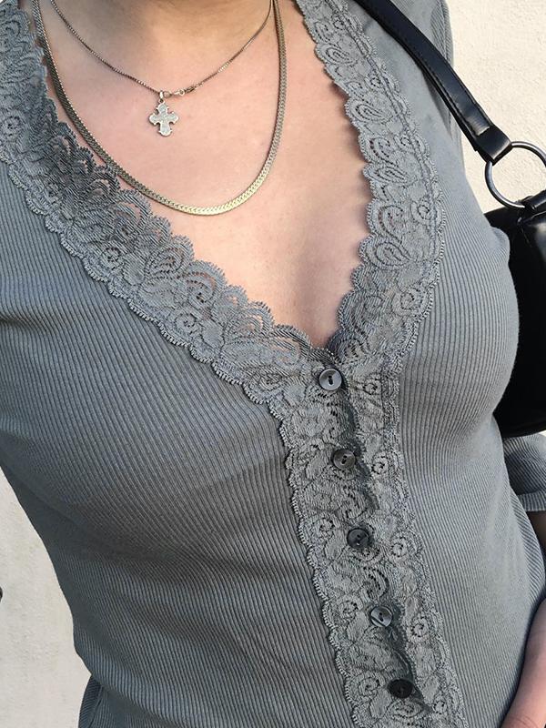 Lace Edge V Neck Cardigan Knit Product Image