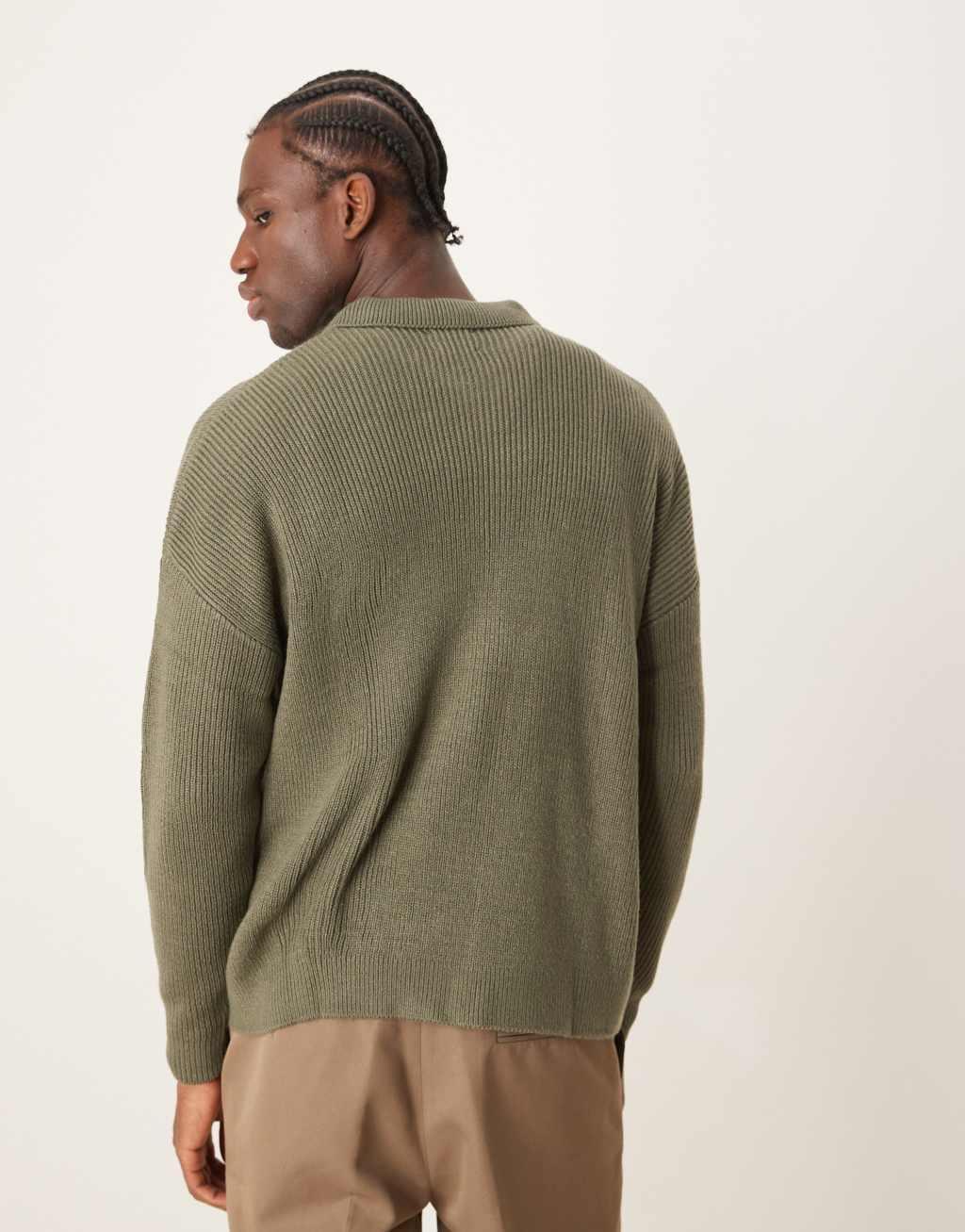 ASOS DESIGN oversized ribbed knitted zip through cardigan with collar in khaki Product Image