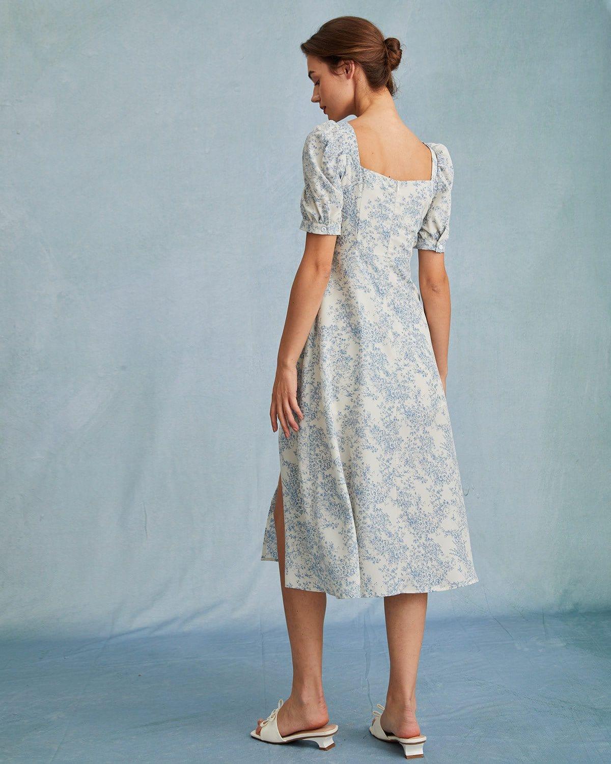 The Blue Sweetheart Neck Puff Sleeve Floral Midi Dress Product Image