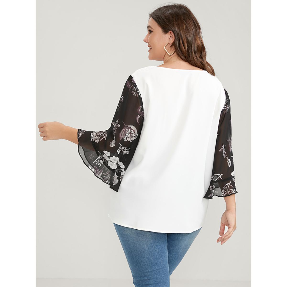 Plus Size White Solid Patchwork Floral Flounce Sleeve V Neck Blouse Women Elegant Elbow-length sleeve V-neck Dailywear Blouses BloomChic 28/5X Product Image
