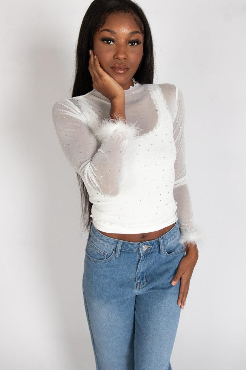 Long Sleeve Fur Trim Rhinestone Mesh Top Product Image
