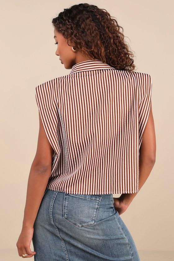 Elswyth Brown Striped Boxy Sleeveless Button-Up Top Product Image