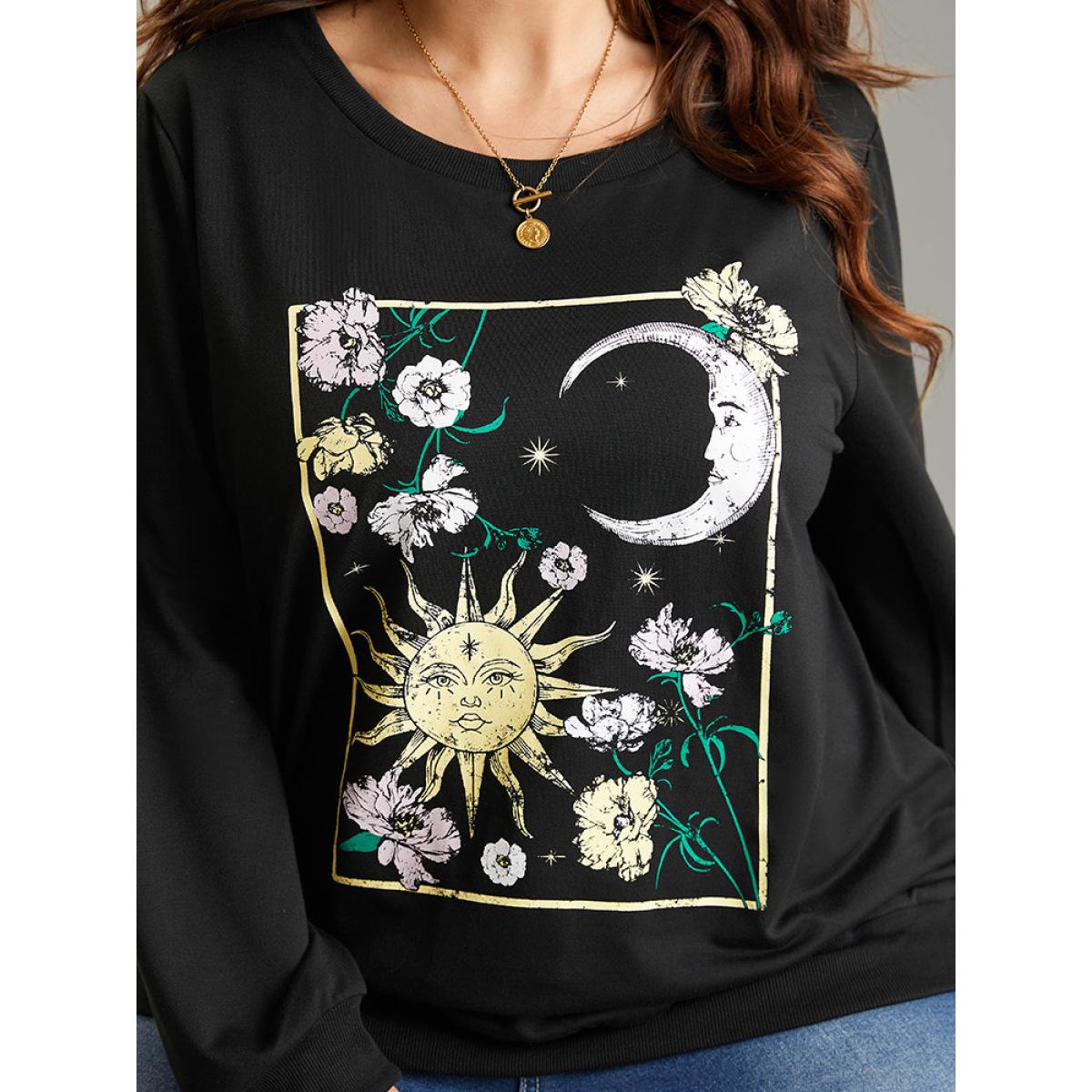 Plus Size Horoscope Print Rib Knit Round Neck Sweatshirt Women Black Casual Rib Knit Dailywear Sweatshirts BloomChic 18-20/2X Product Image