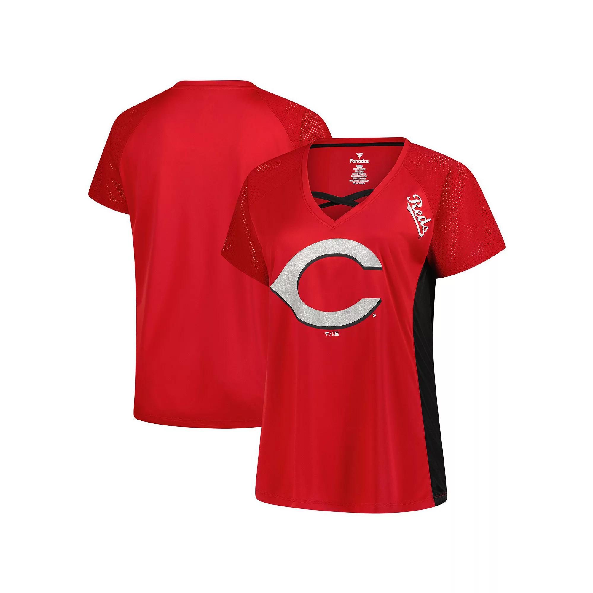 Women's Profile  Red Cincinnati Reds Glitter Raglan V-Neck T-Shirt, Size: 3XL, Red Red Product Image
