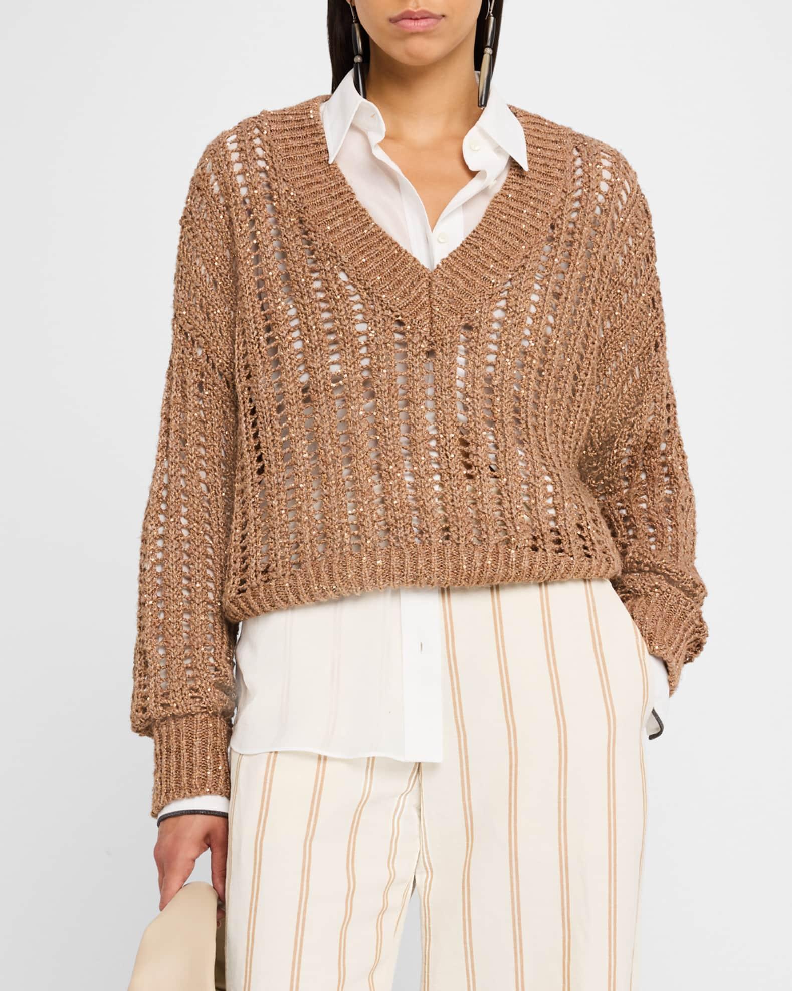 V-Neck Paillette Open-Weave Knit Sweater Product Image