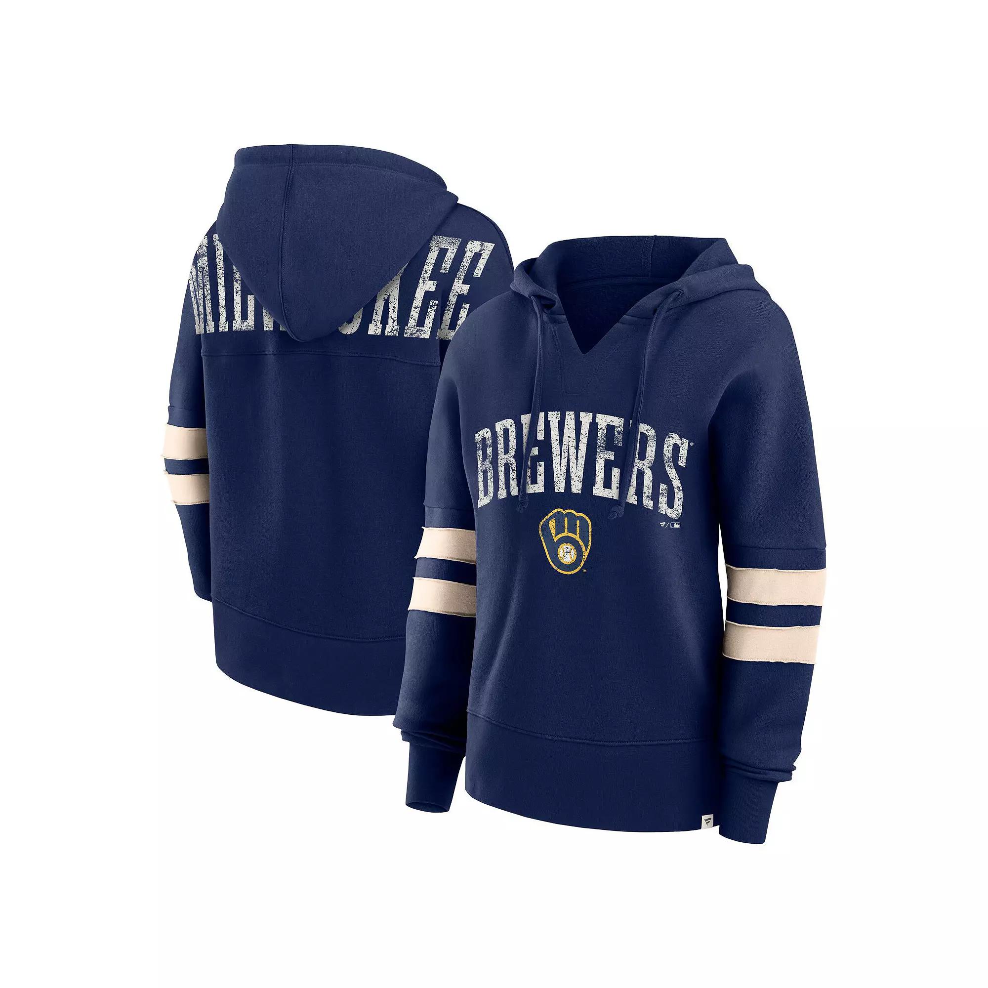 Women's Fanatics Branded Navy Milwaukee Brewers Bold Move Notch Neck Pullover Hoodie, Size: Small, Blue Product Image