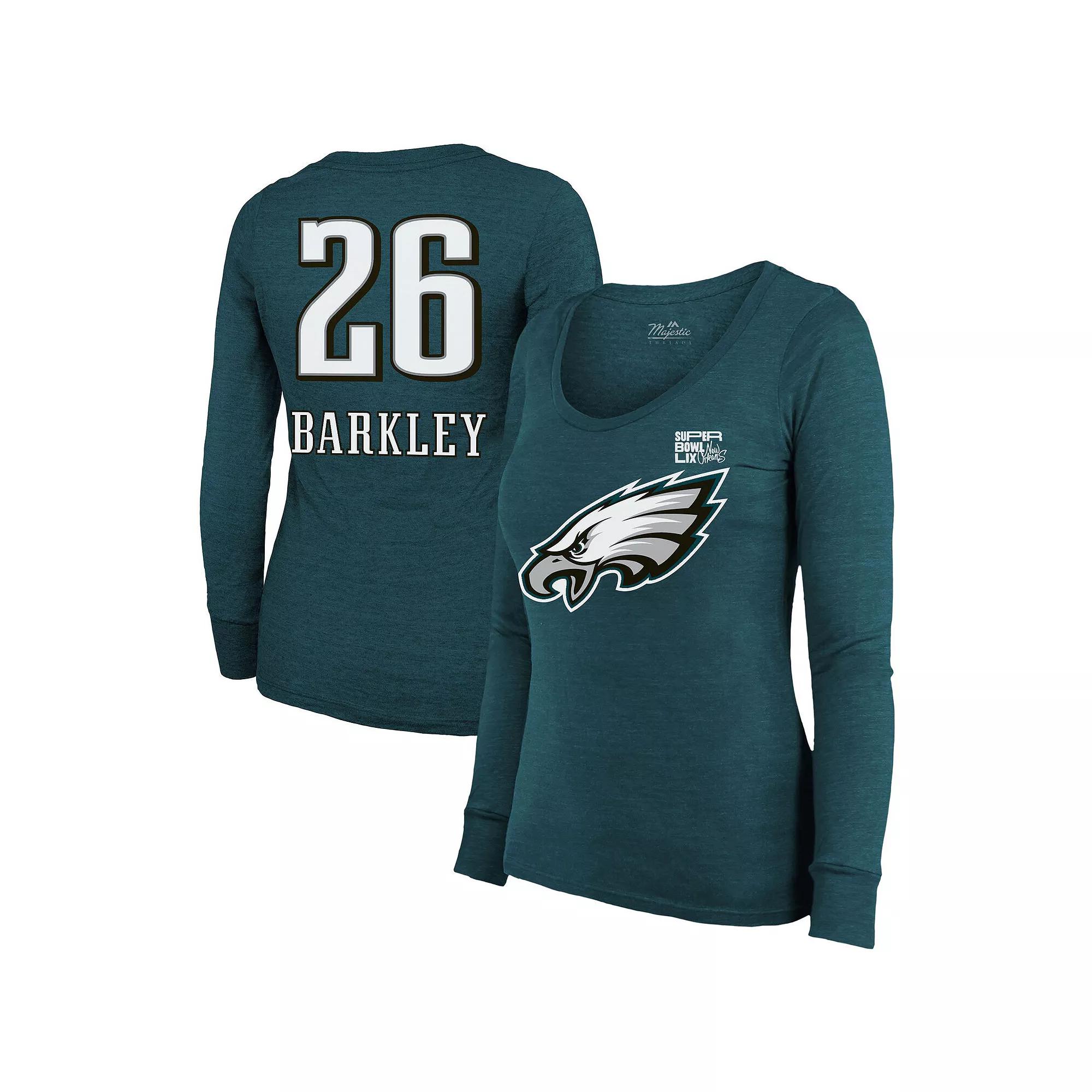 Women's Majestic Threads Saquon Barkley Midnight Green Philadelphia Eagles Super Bowl LIX Player Name & Number Tri-Blend Long Sleeve Scoop Neck T-Shirt, Size: Small Product Image