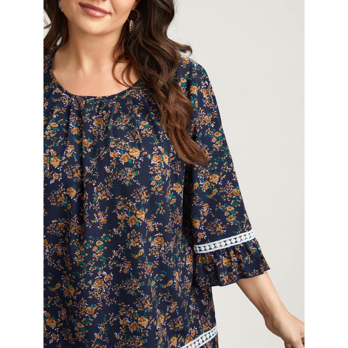 Plus Size Indigo Floral Print Lace Paneled Gathered Shirt Women Elegant Elbow-length sleeve Round Neck Everyday Blouses BloomChic 28/5X Product Image