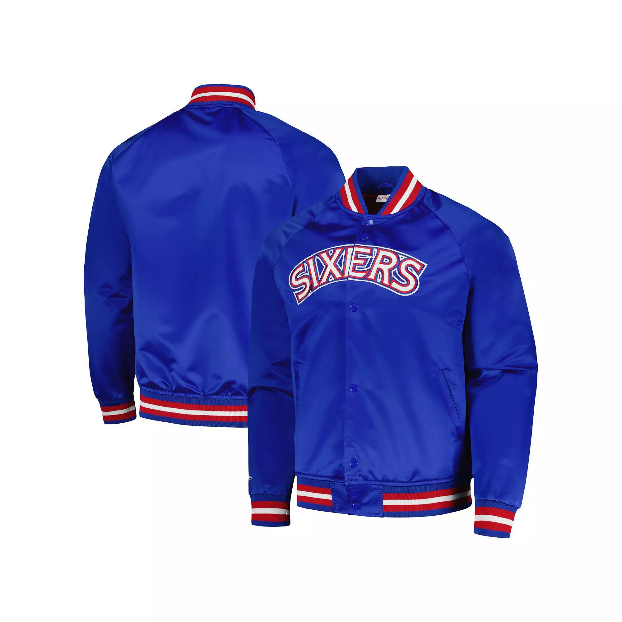 Men's Mitchell & Ness Royal Philadelphia 76ers Hardwood Classics Throwback Wordmark Raglan Full-Snap Jacket,  Product Image