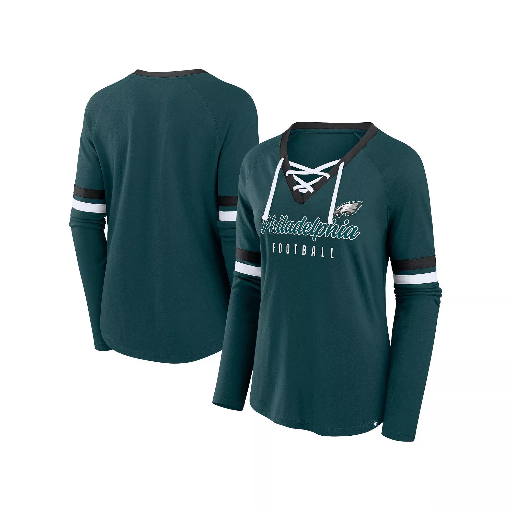 Women's Fanatics Midnight Green Philadelphia Eagles Plus Size Lace-Up V-Neck Long Sleeve T-Shirt, Size: 1XL Product Image