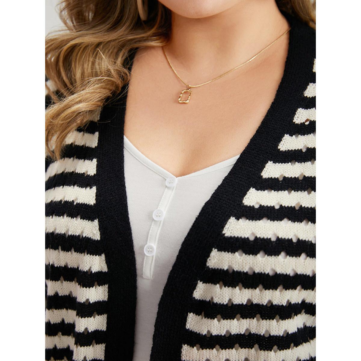 Plus Size Striped Geo Eyelet Drop Shoulder Cardigan Black Women Casual Loose Long Sleeve Dailywear Cardigans BloomChic 22-24/3X Product Image