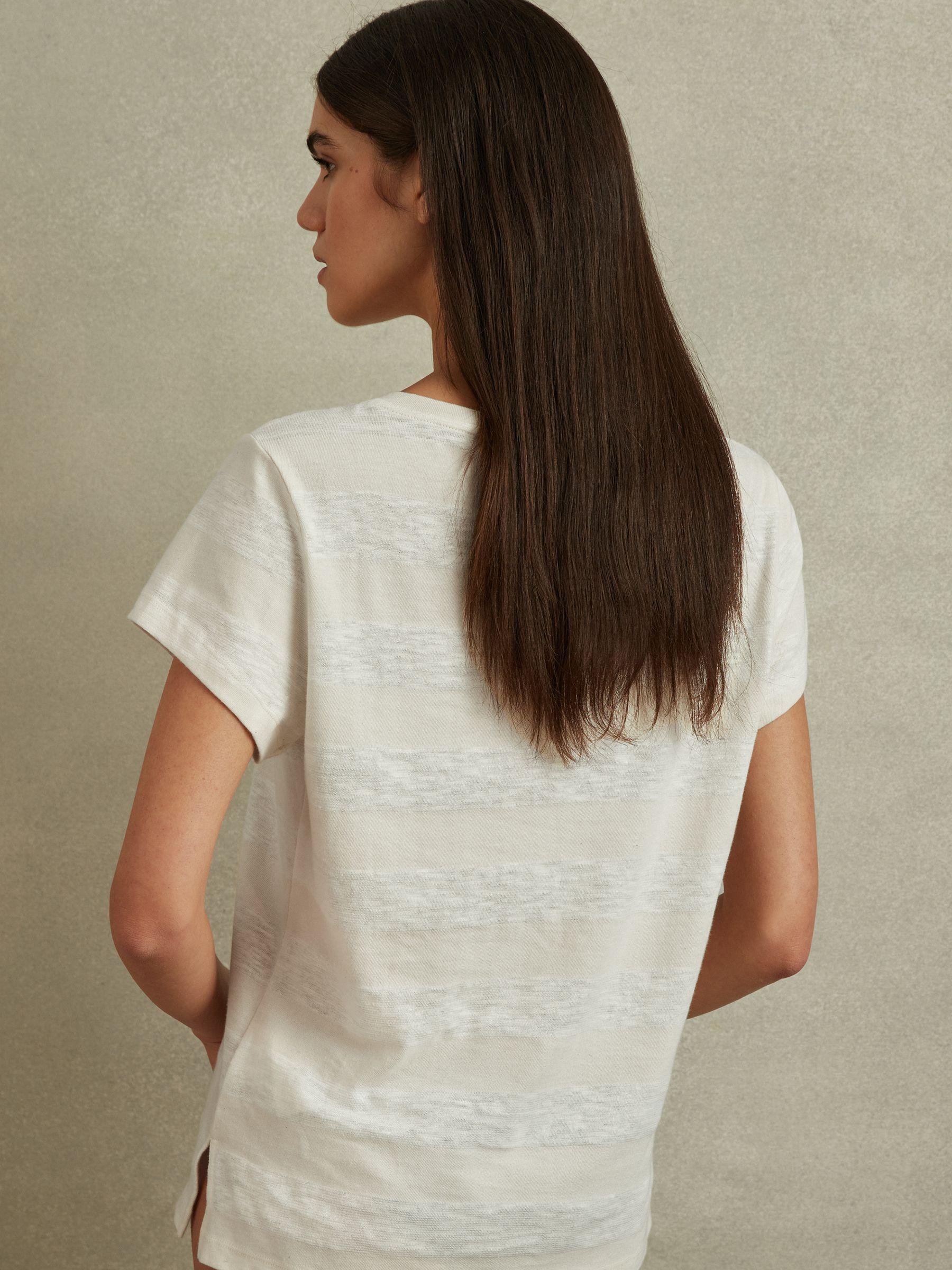 Linen-Cotton Striped V-Neck T-Shirt in Neutral/Ivory Product Image
