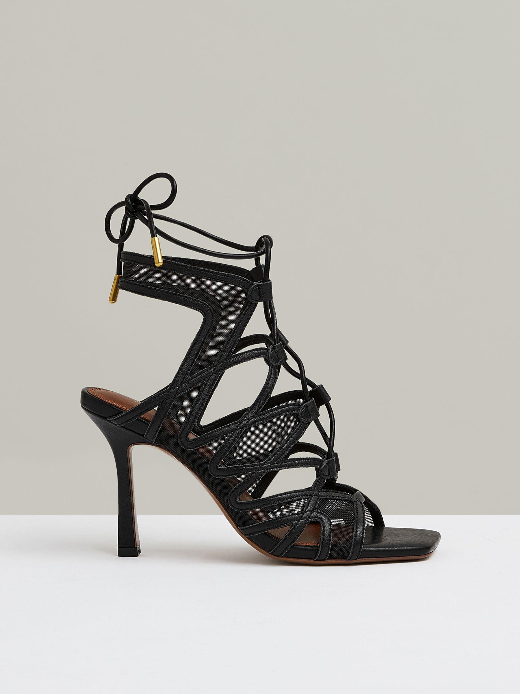 Mesh Leather Strappy Heels in Black Product Image