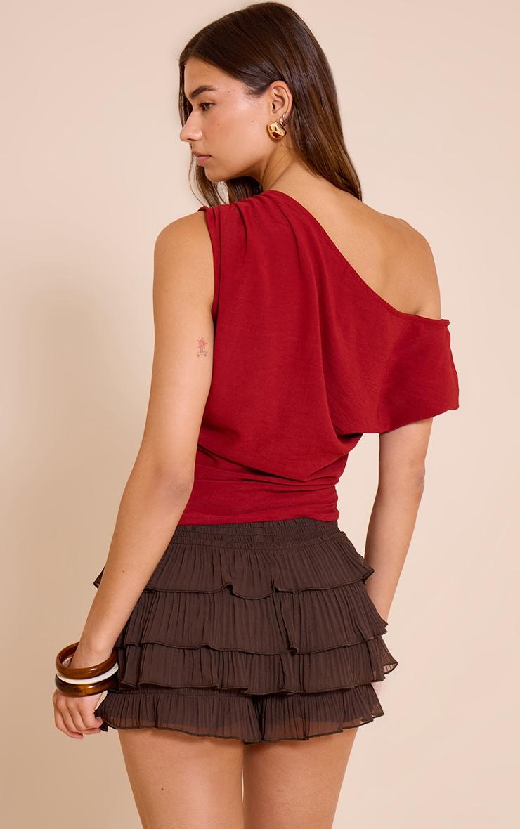 Deep Red Floaty Woven Ruched One Shoulder Top Product Image