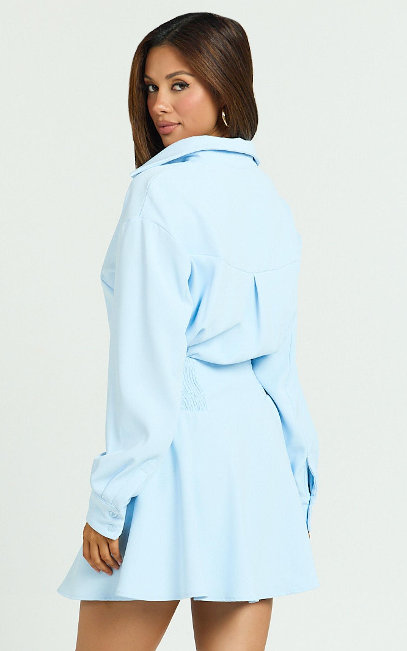 Raquel Mini Dress - Collared Long Sleeve Fit And Flare Shirt Dress in Cornflower Blue Product Image