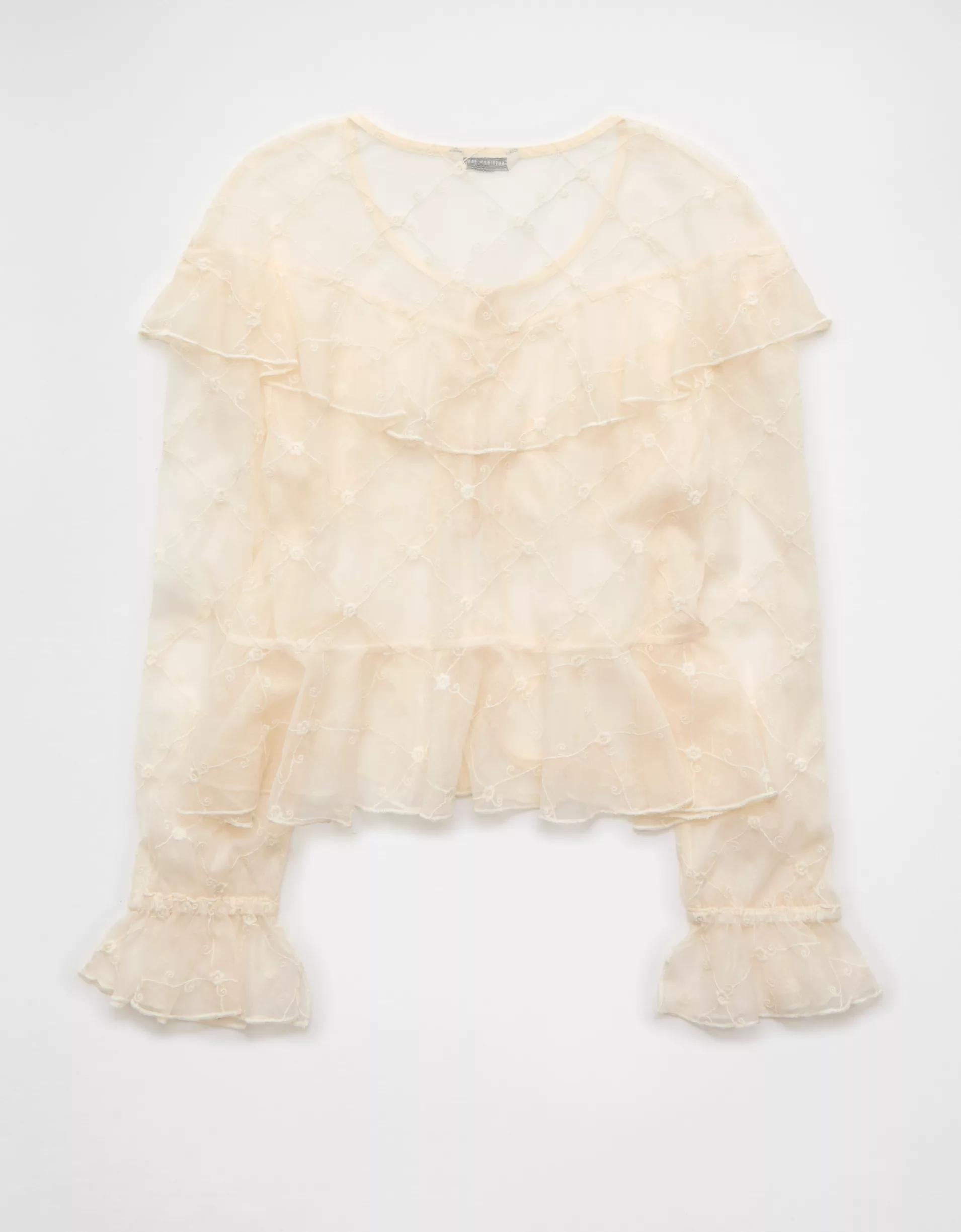 AE Embroidered Tie-Front Mesh Blouse Product Image