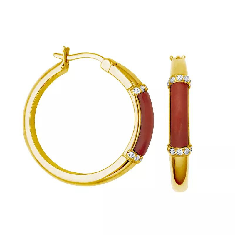 Dynasty Jade 18k Gold Over Silver Dyed Red Jade & Cubic Zirconia Hoop Earrings, Women's, Gold Tone Product Image