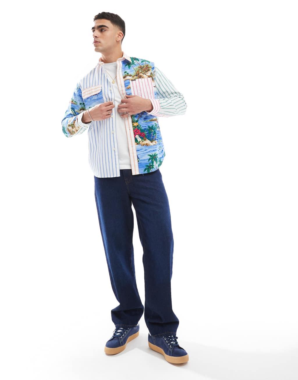 Polo Ralph Lauren tropical patchwork print oxford shirt classic oversized fit in dark blue Product Image