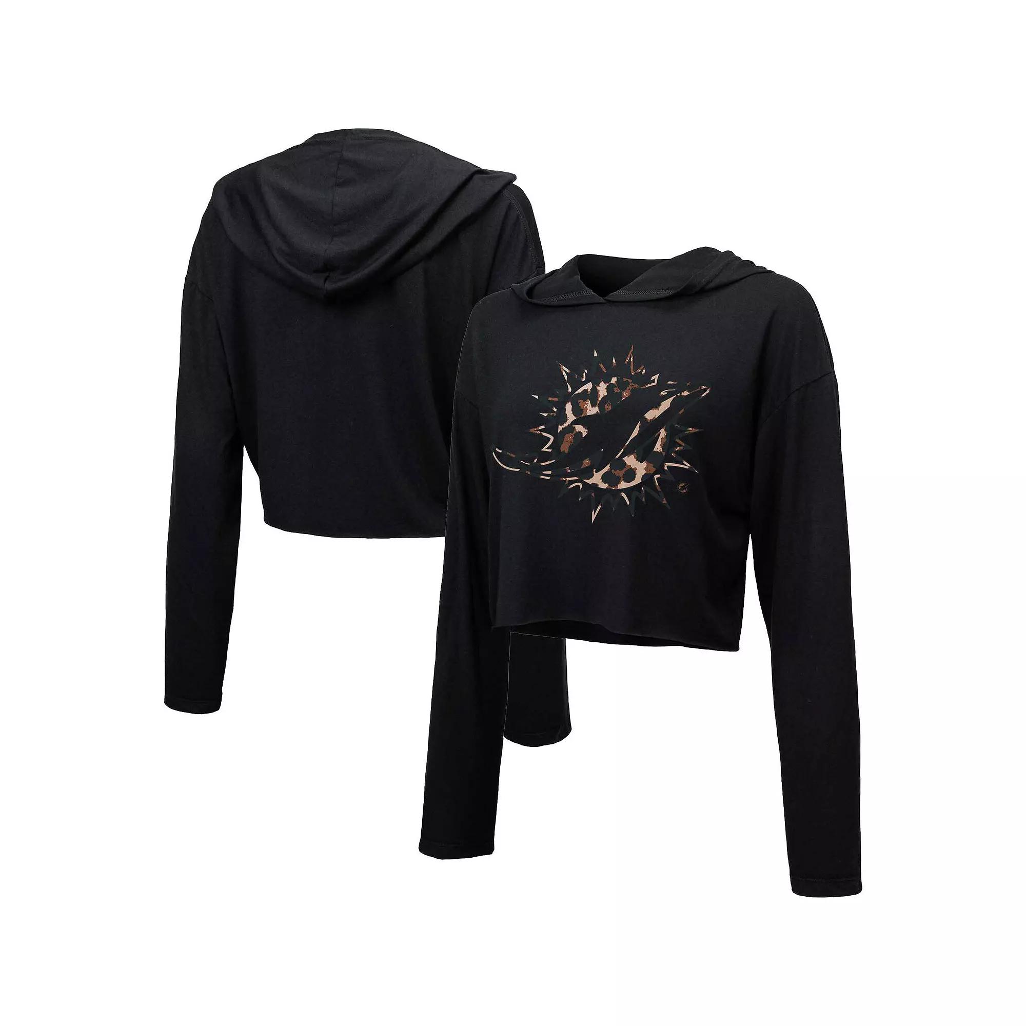 Women's Majestic Threads Black Miami Dolphins Leopard Cropped Pullover Hoodie,  Product Image