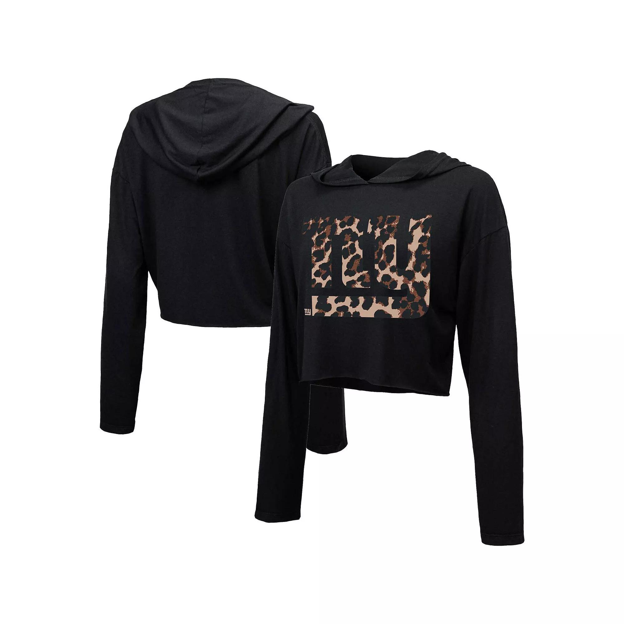 Women's Majestic Threads Black New York Giants Leopard Cropped Pullover Hoodie,  Product Image