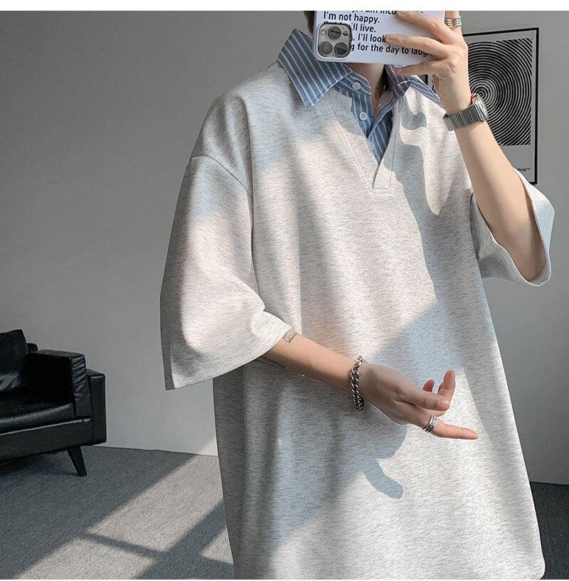 Set: Short Sleeve Collared Striped Mock Two Piece Top + Elastic Waist Plain Sweat Shorts Product Image