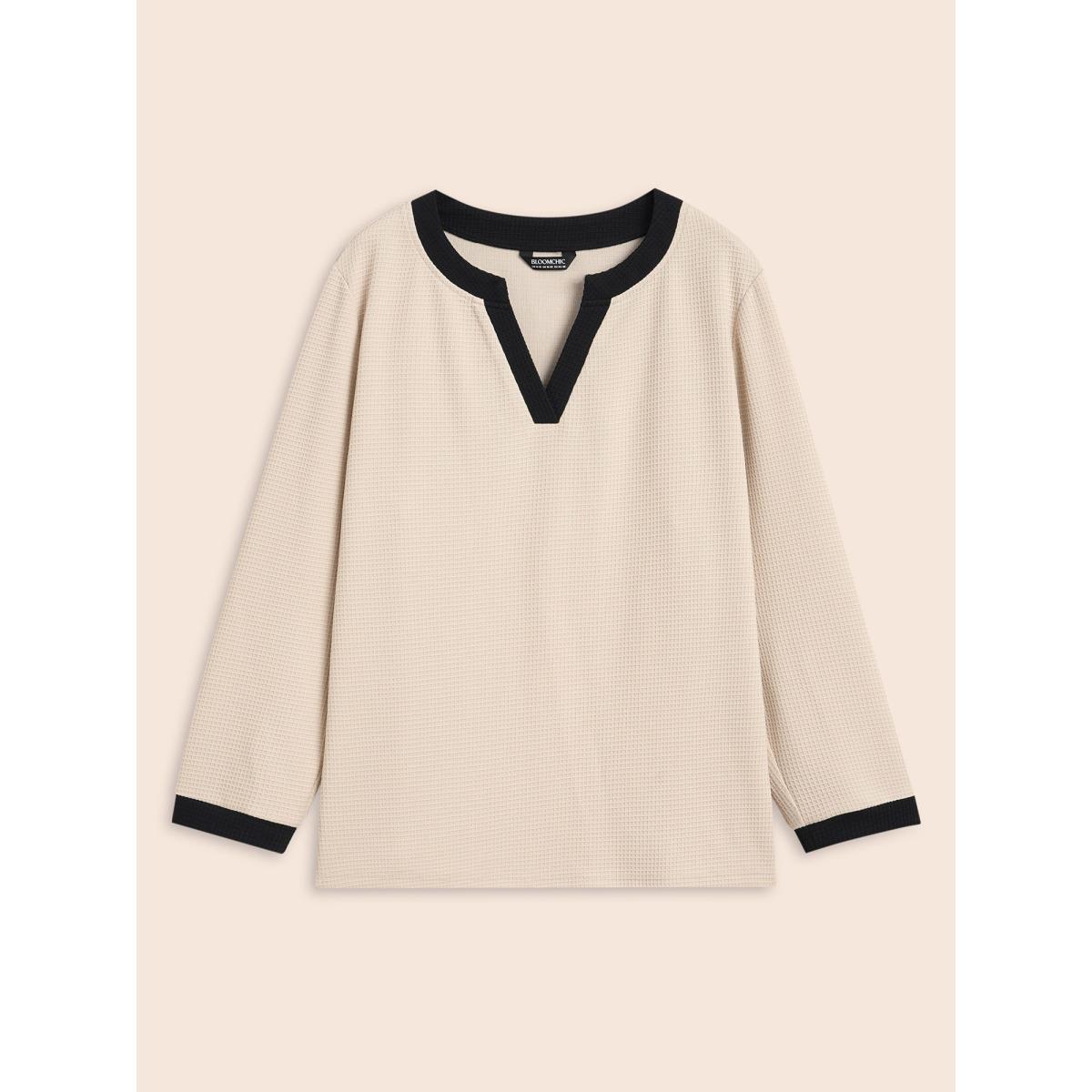 Plus Size Notched Rib Knit Contrast Trim Sweatshirt Women Apricot Casual Texture Flat collar with V-notch Everyday Sweatshirts BloomChic 26/4X Product Image