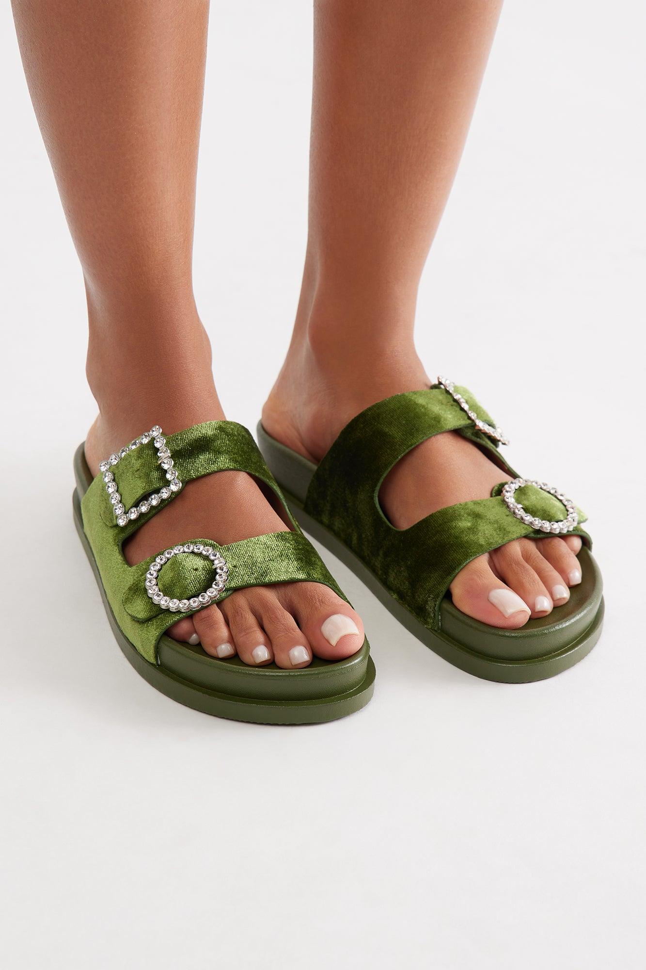 Ivona Rhinestone Buckle Velvet Sandals - Olive Female Product Image