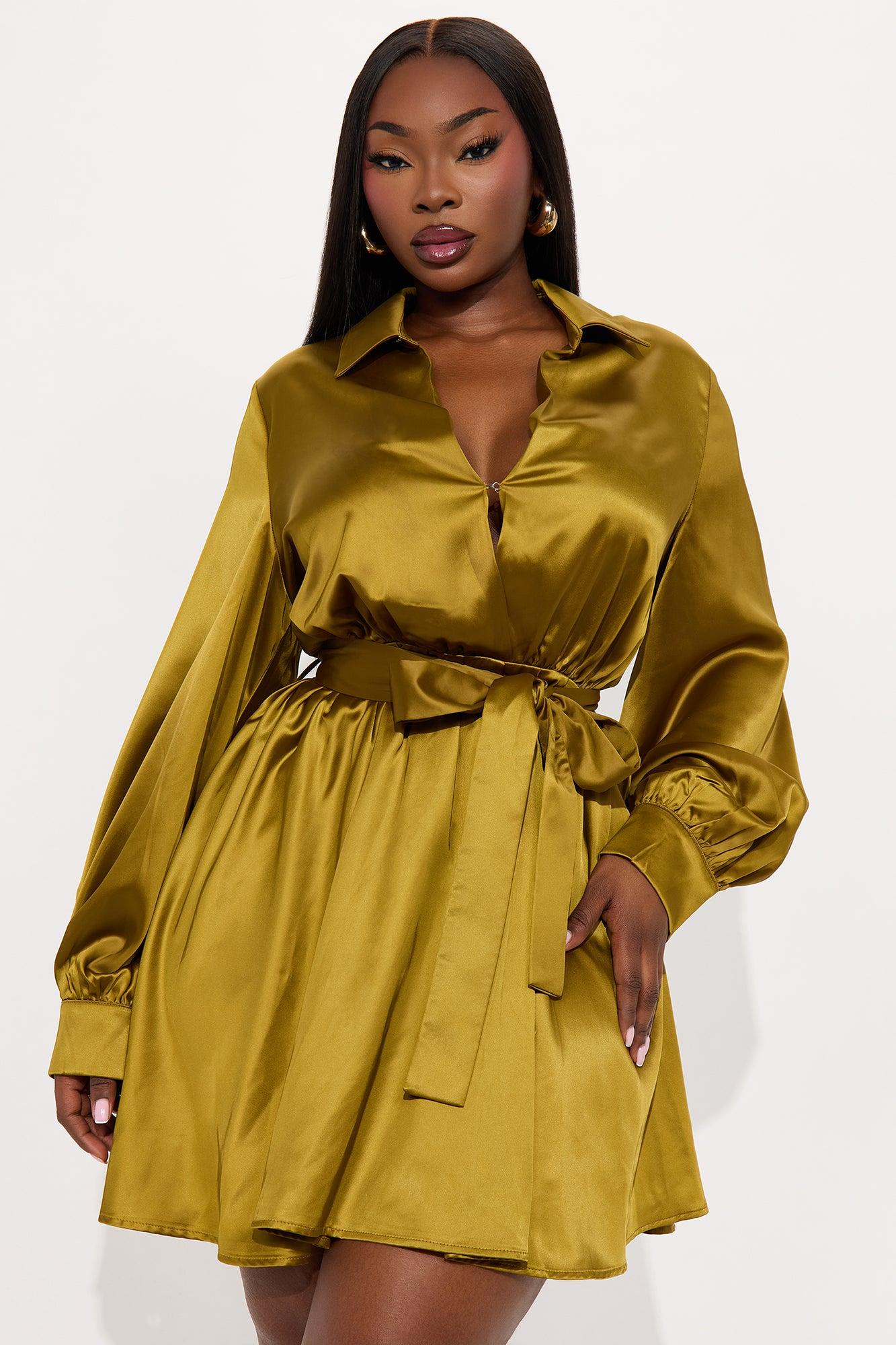 Mariana Satin Long Sleeve Mini Dress - Olive Female Product Image