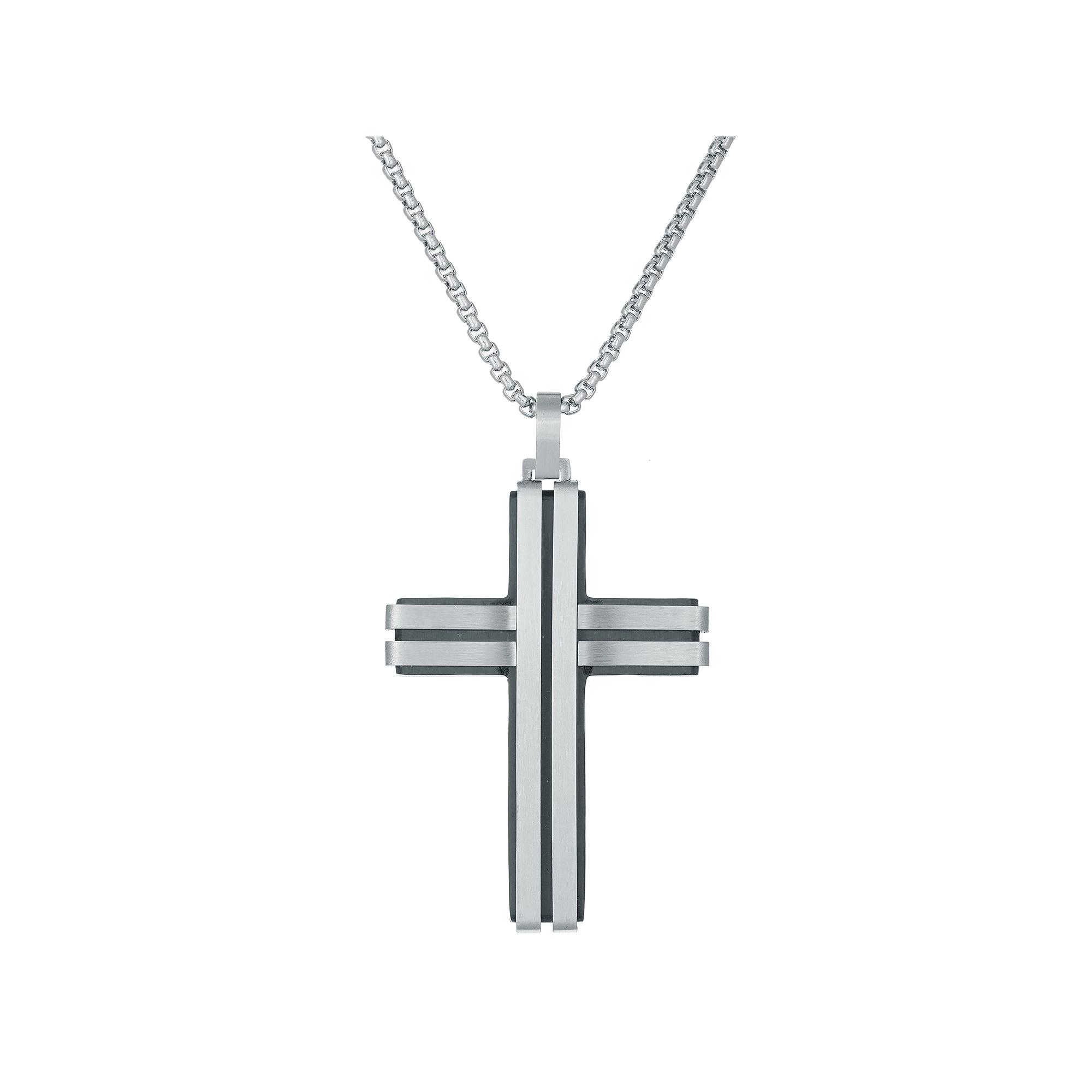 Men's LYNX Stainless Steel Black Ion Layered Cross Pendant, Size: 24", Two Tone Product Image