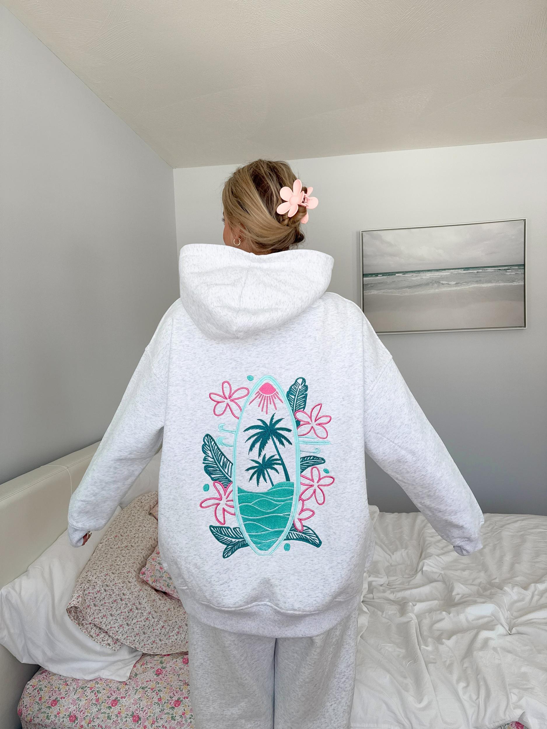 Pearl Grey Surfing The Waves Embroider Hoodie Product Image