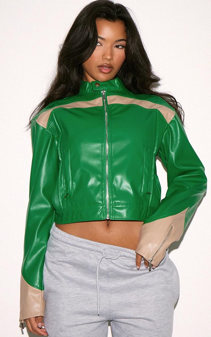 Green PU Racer Neck Pleated Detail Jacket Product Image