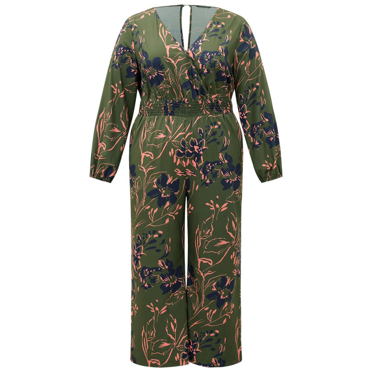 Plus Size Moss Silhouette Floral Print Shirred Elastic Cuffs Jumpsuit Women Resort Long Sleeve V-neck Vacation Loose Jumpsuits BloomChic 12/L Product Image